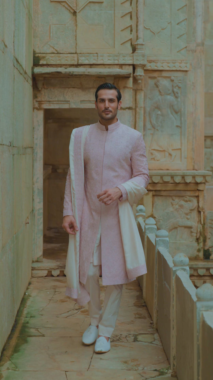 Blush Pink Tafetta Silk Sherwani Set