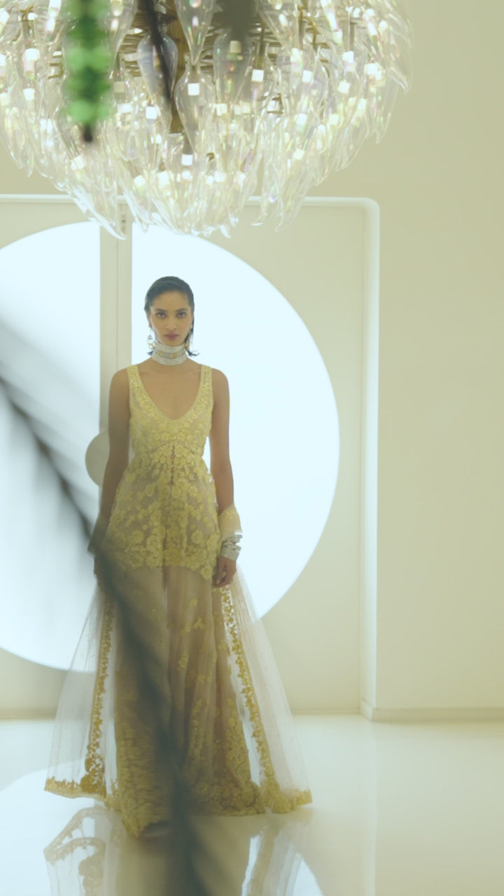 Yellow Three-Dimensional Floral Sharara Set