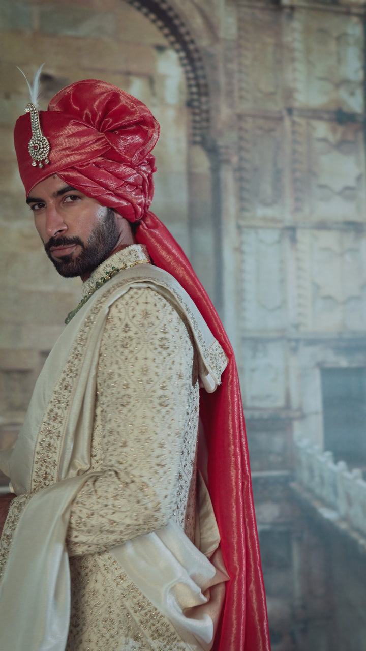 Beige Raw Silk Sherwani Kasab Embroidery