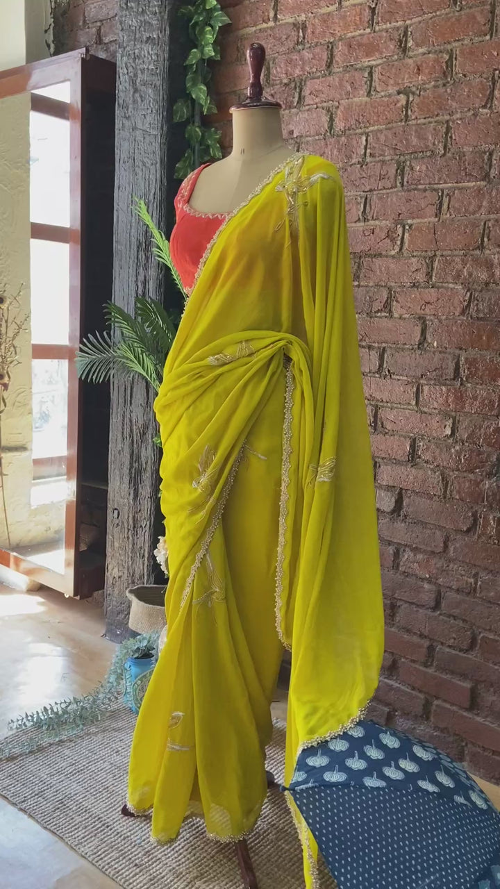 Mustard Georgette Embroidered Saree