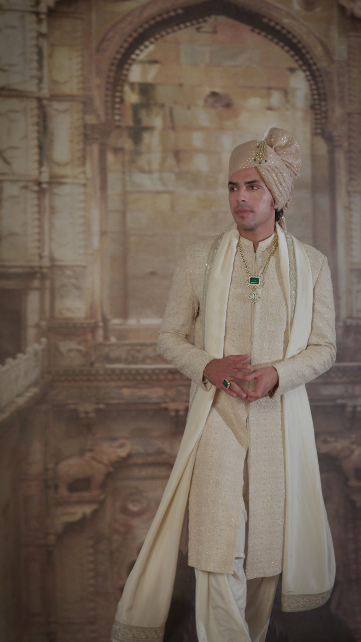 Light Beige Morrocan Pattern Embroidery Sherwani Set