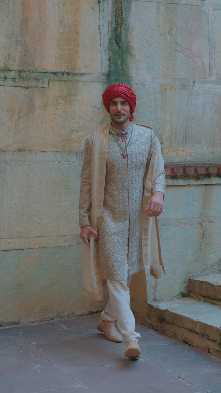 Gold Sherwani Zardozi Embroidery Set