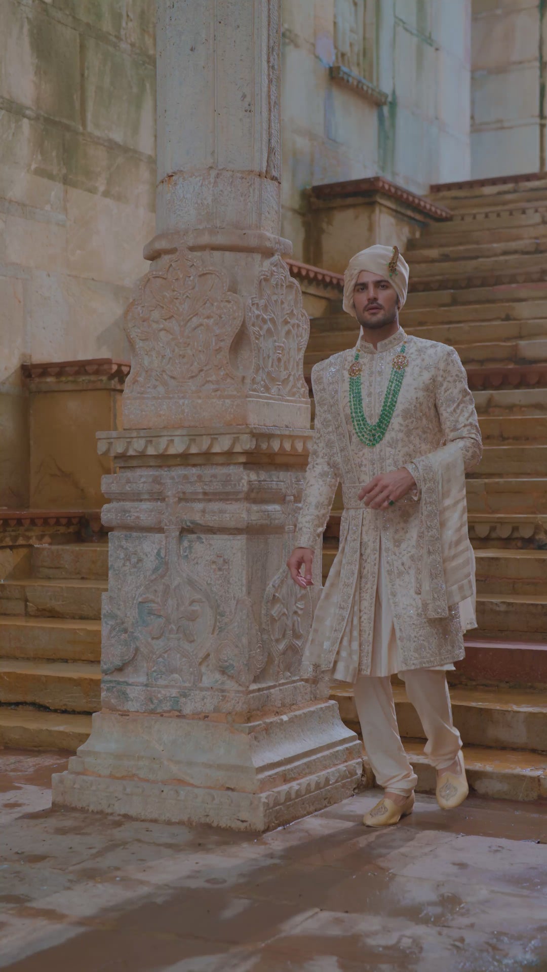 Cream Taffeta Sherwani Applique And Zardozi Jaal Set