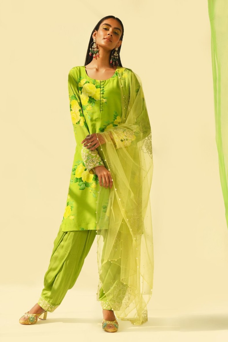 Green Salwar Kameez with Weaving Handloom silk - SK14344