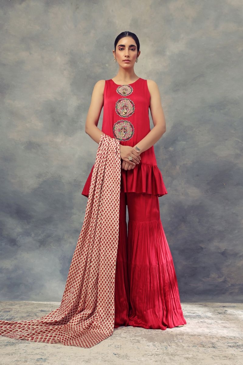 RED FRILLED KURTA AND SHARARA SET 