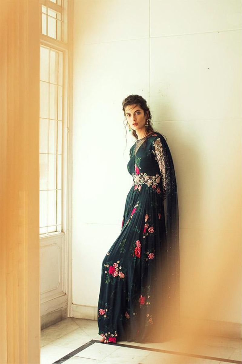 DARK GREEN PRINTED JUMPSUIT WITH EMBROIDERED SLEEVES & DRAPE