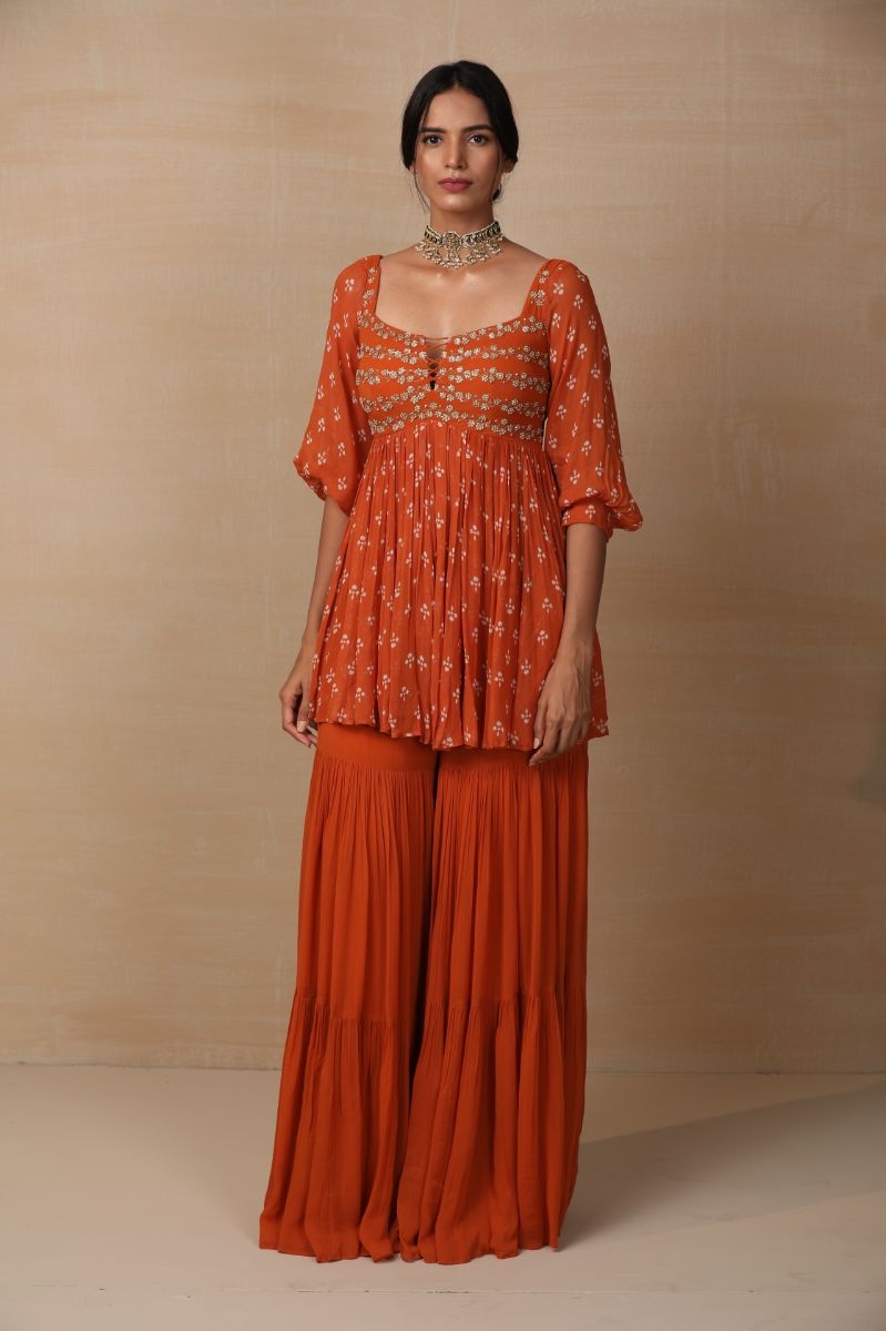 RUST EMBROIDERED SHARARA SET