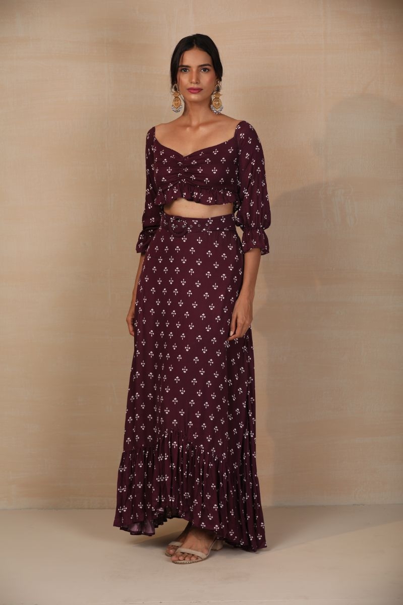 PURPLE PRINTED CROP TOP AND SKIRT SET