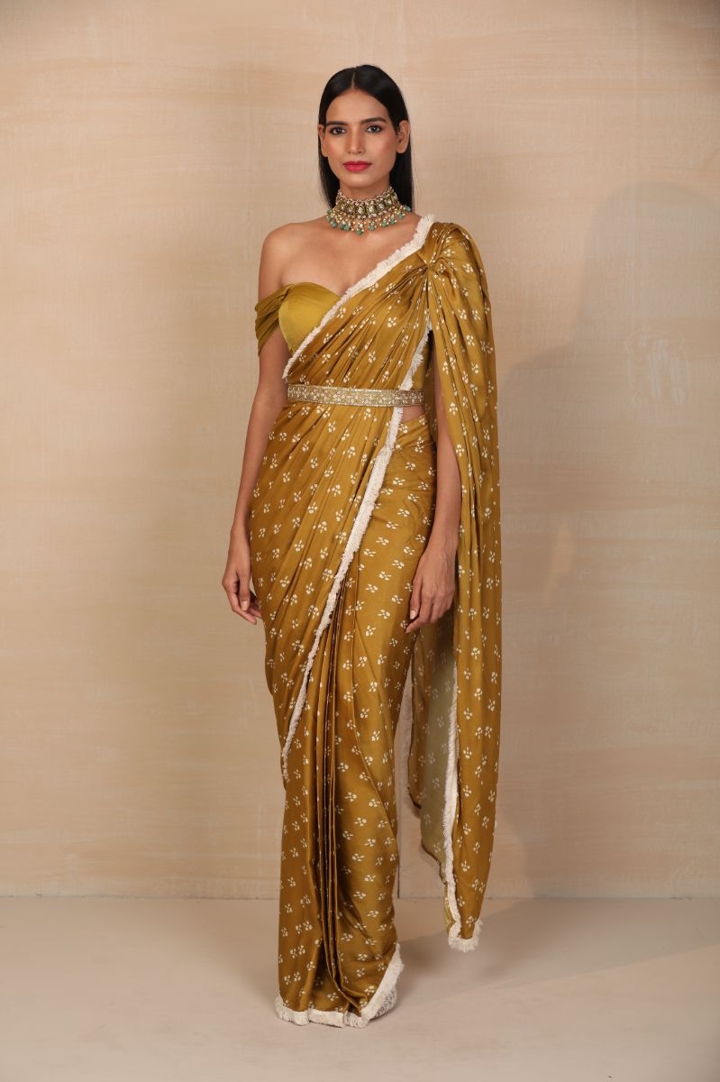 MUSTARD PRINTED DRAPE SAREE