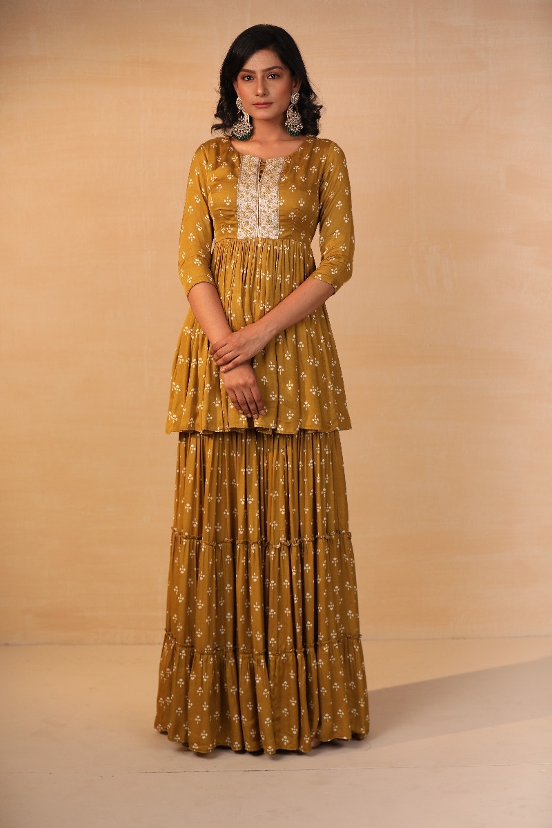 MUSTARD PRINTED SHARARA SET