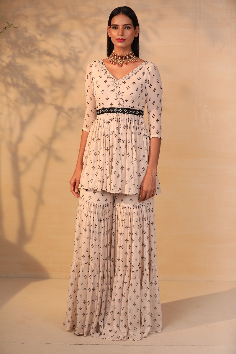 WHITE PRINTED GHARARA SET