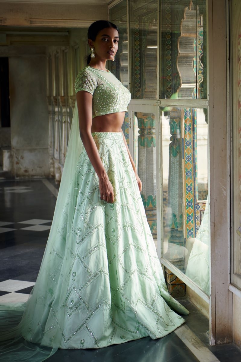 Mint green Habutai silk lehenga set