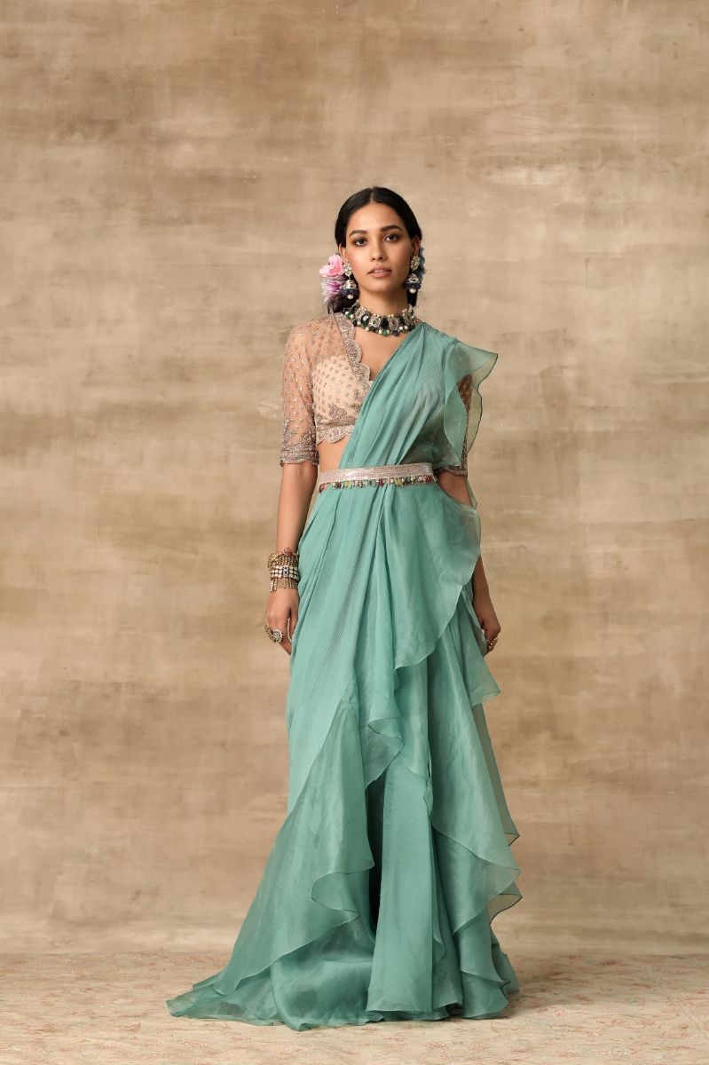 TEAL AND GOLD RUFFLE SARI