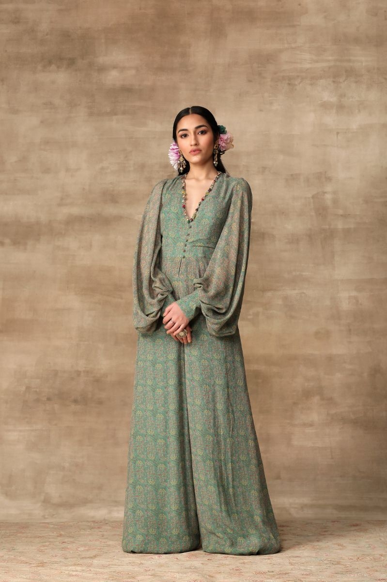 TURQUOISE PRINTED PEPLUM JUMPSUIT