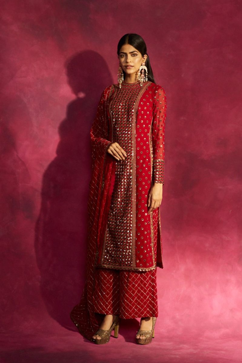 RED EMBROIDERED KURTA PALAZZO SET