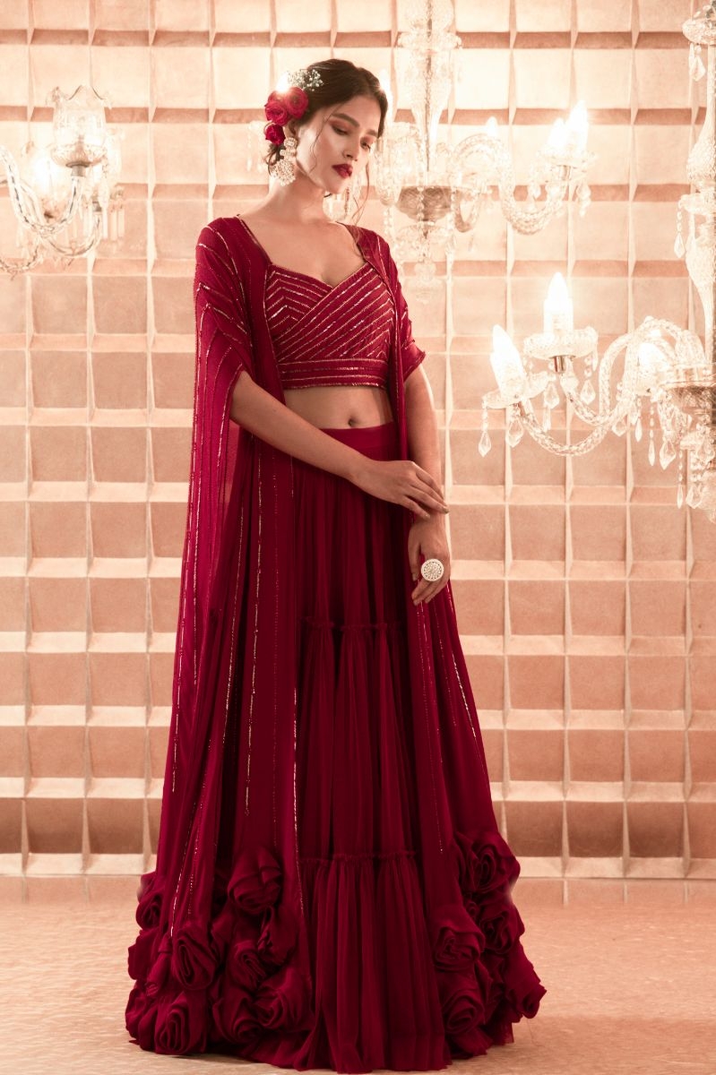 Wine Embroidered Ruffled Saree With Belt – Megha and Jigar