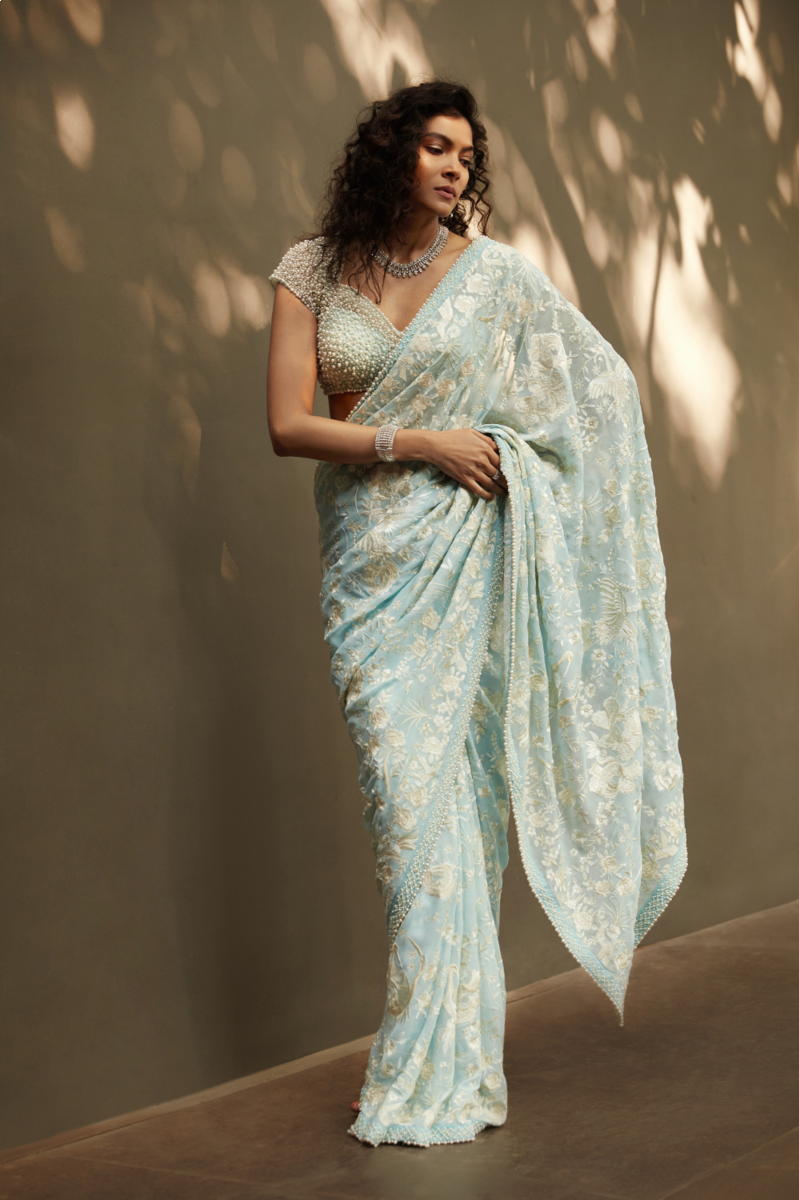 Powder Blue Resham Saree