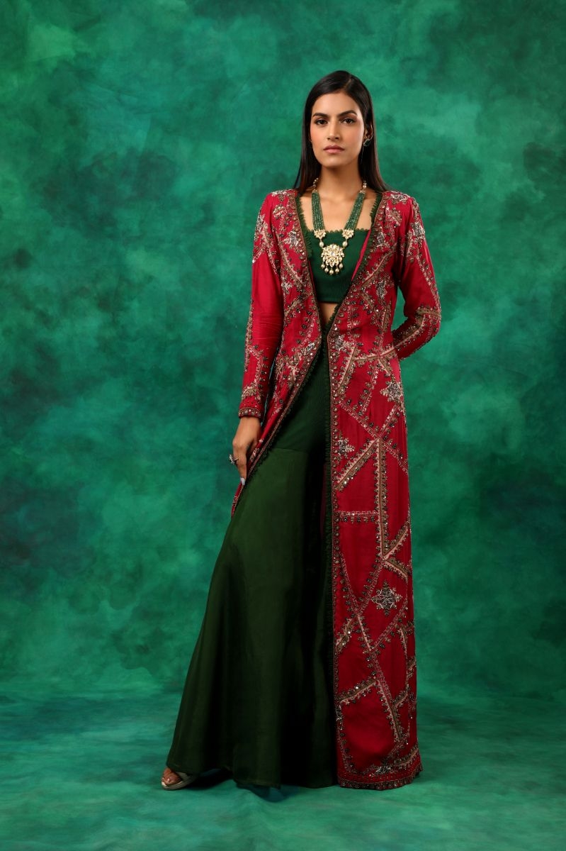 PINK & GREEN EMBROIDERED KURTA SET