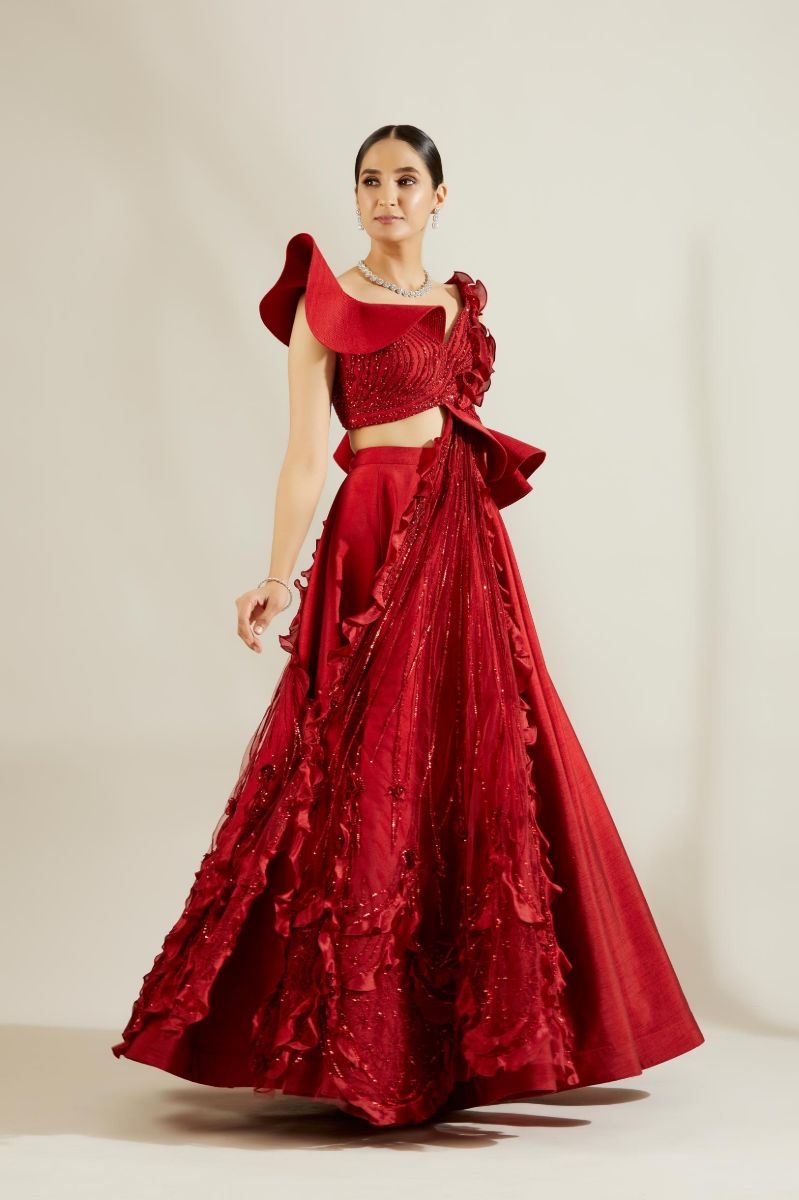 Red corset blouse belt saree gown