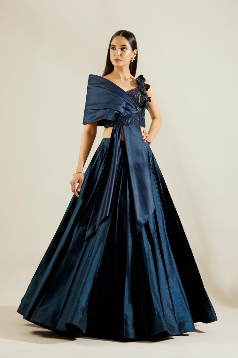 MIDNIGHT BLUE BOW BLOUSE WITH PINTUCK SKIRT