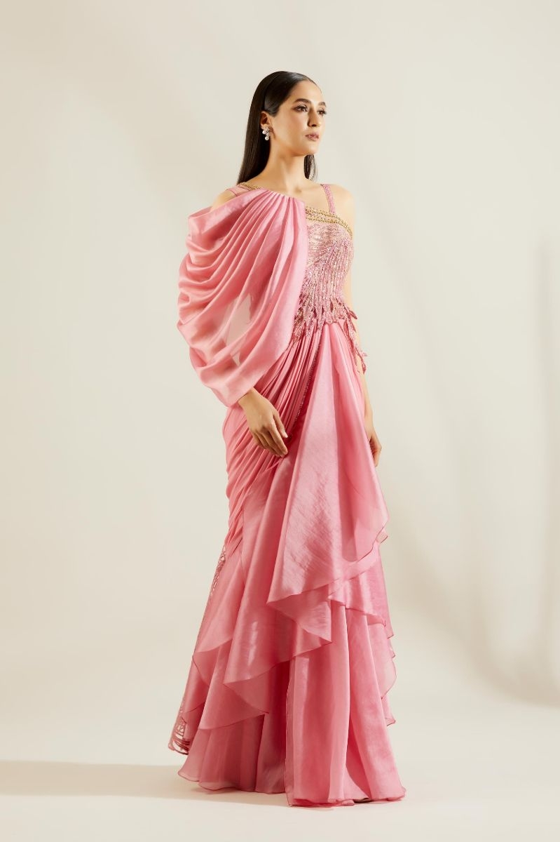 PINK LEAF EMBELLISHED SAREE