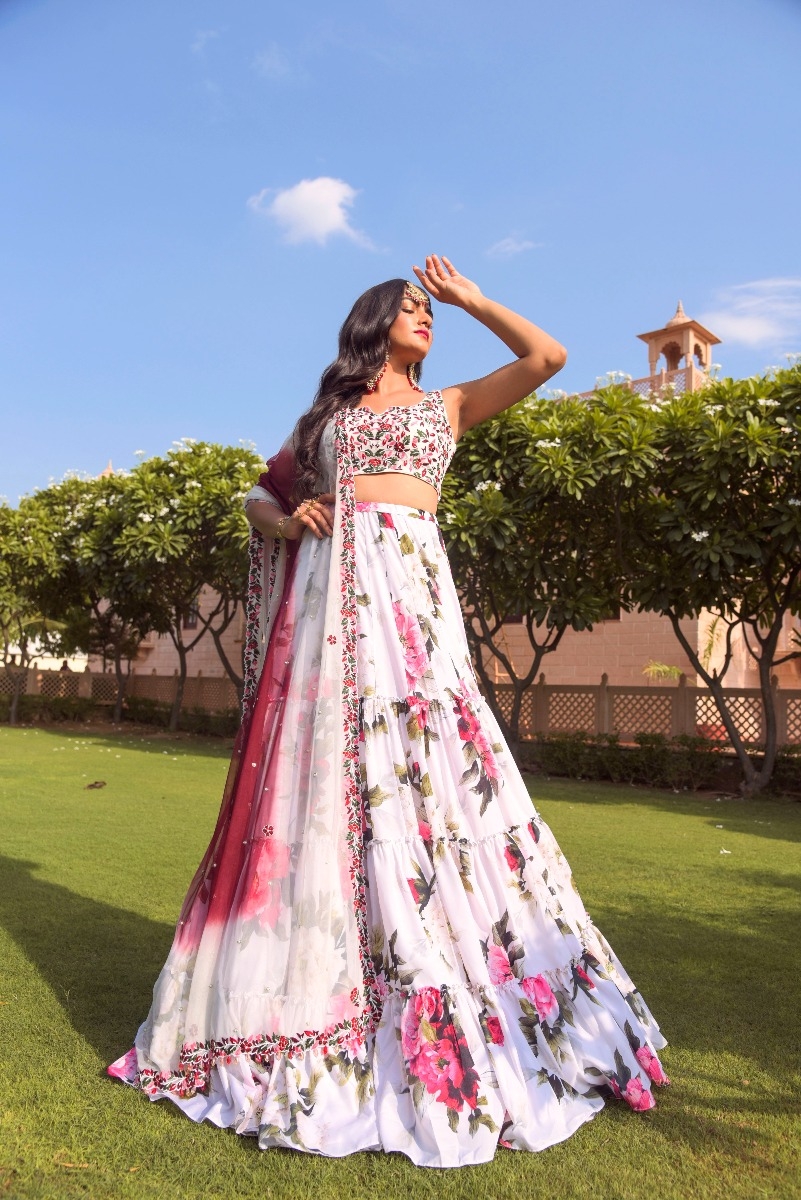 WHITE PRINTED LEHENGA SET