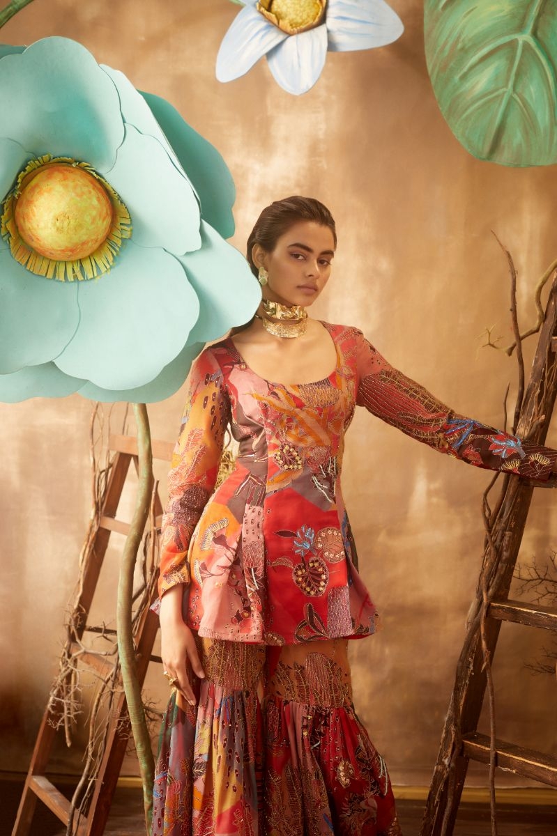 RED PRINTED & EMBELLISHED SHARARA SET