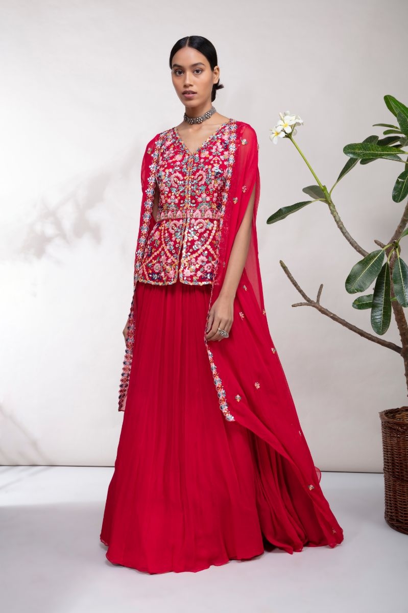 RED EMBROIDERED LEHENGA SET