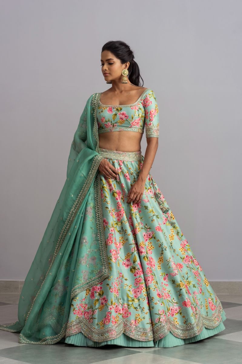 MINT GREEN PRINTED & EMBROIDERED SCALLOPED LEHENGA SET