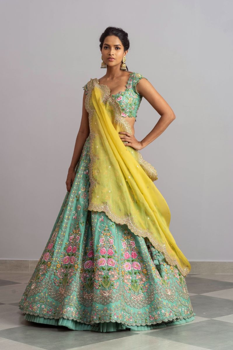 SEA GREEN EMBELLISHED SCALLOPED LEHENGA SET