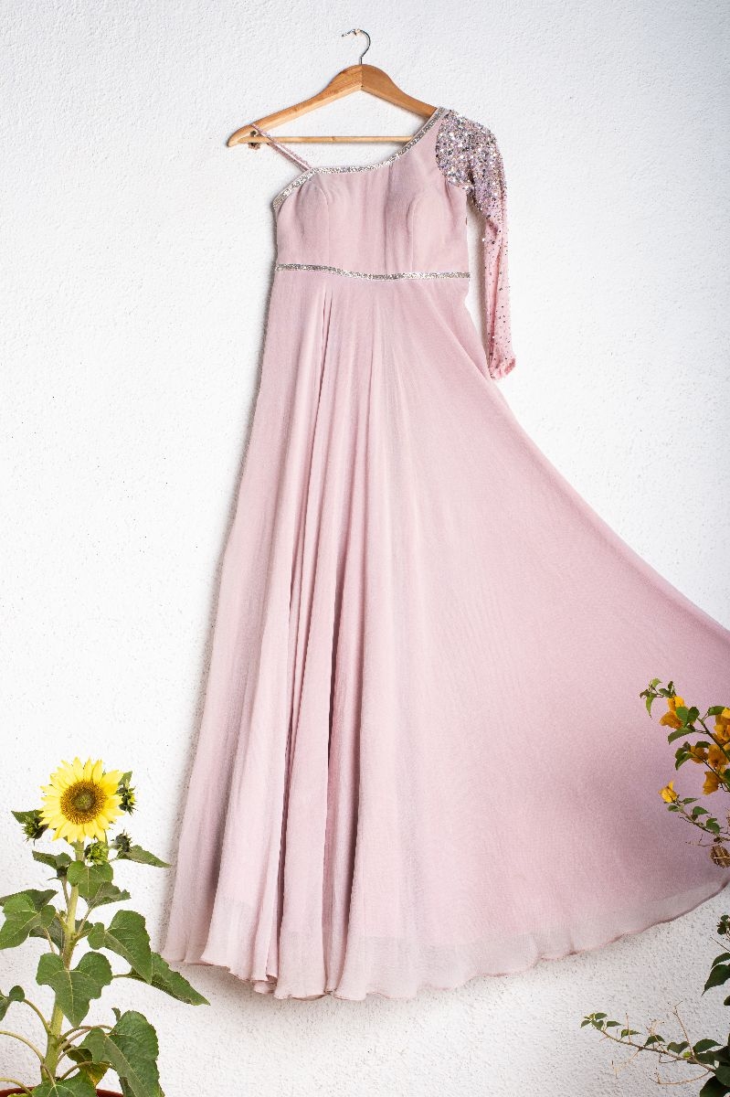 LAVENDAR & SILVER GEORGETTE ONE SHOULDER GOWN