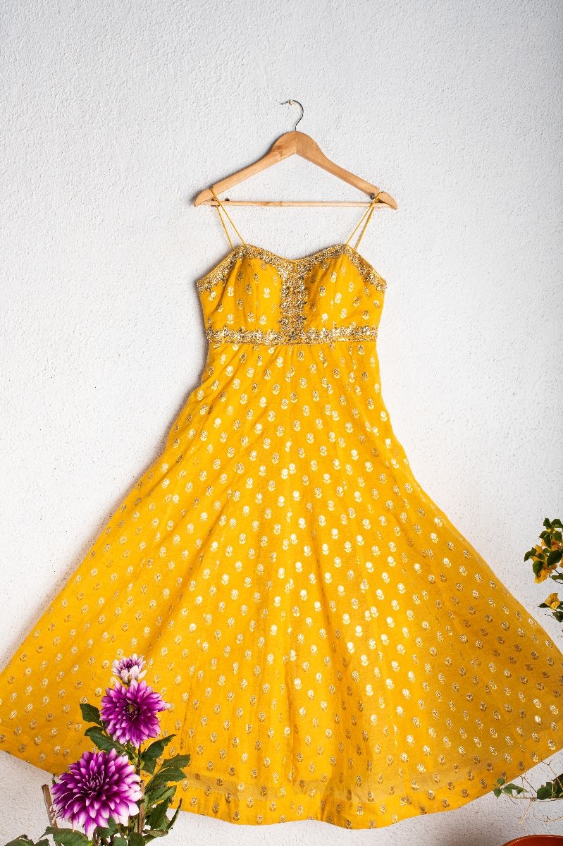 MANGO YELLOW CHANDERI SILK GOTA EMBROIDERED ANKLE LENGTH DRESS