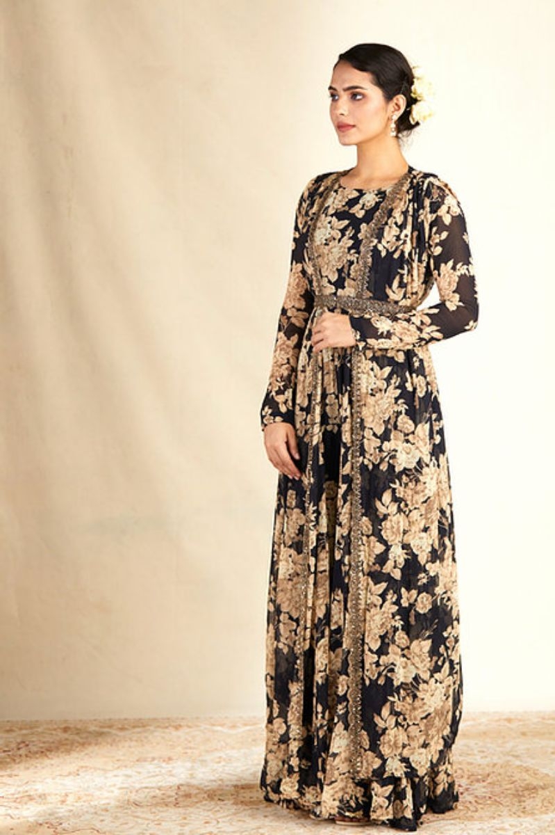 BLACK FLORAL PRINTED JUMPSUIT WITH CAPE AND BELT