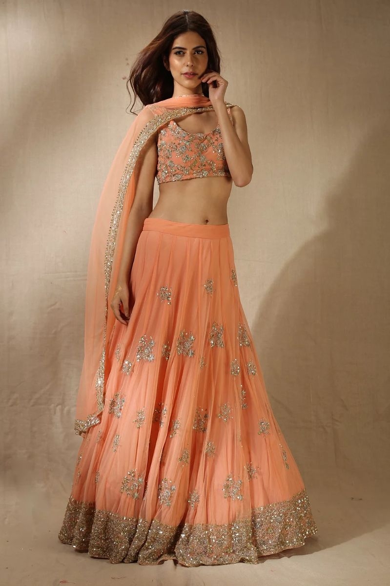 CORAL SEQUINS FLORAL LEHENGA SET