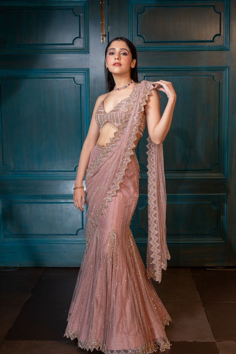 Dolly Wahal Champagne Pink Pre-Draped Saree Set