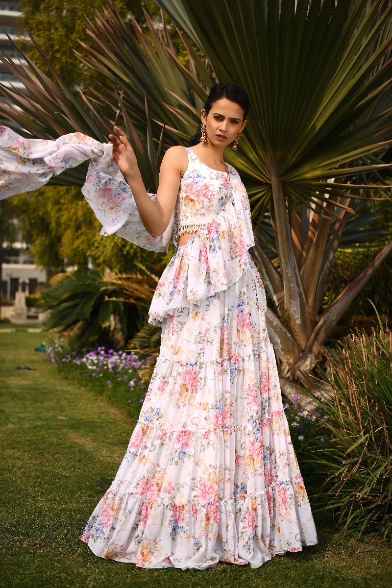 IVORY PRINTED RUFFLE LEHNGA SET