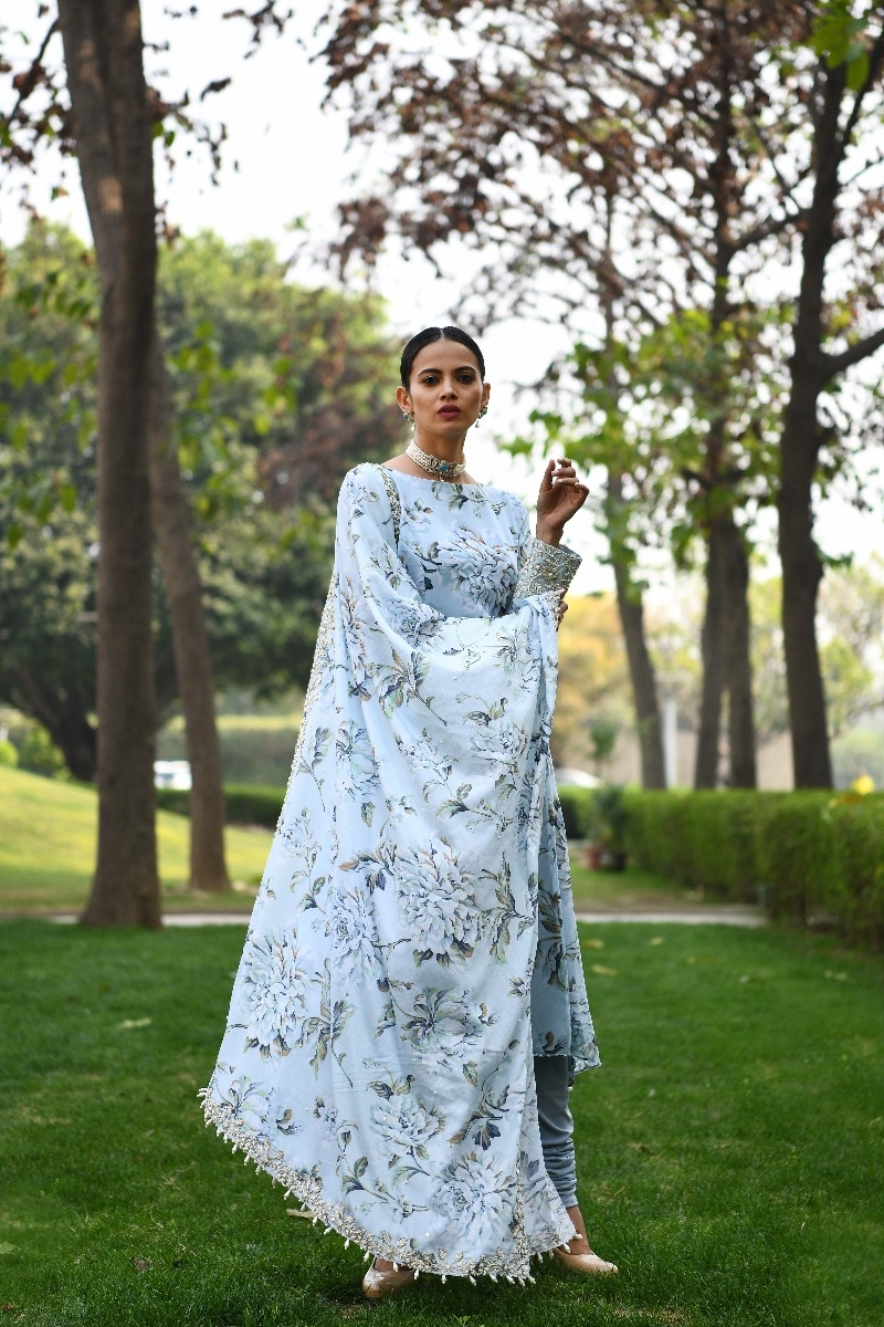 BLUE FLORAL PRINTED ANARKALI SET