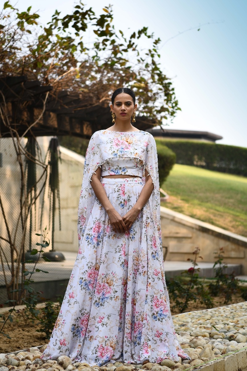 IVORY PRINTED CAPE LEHNGA SET