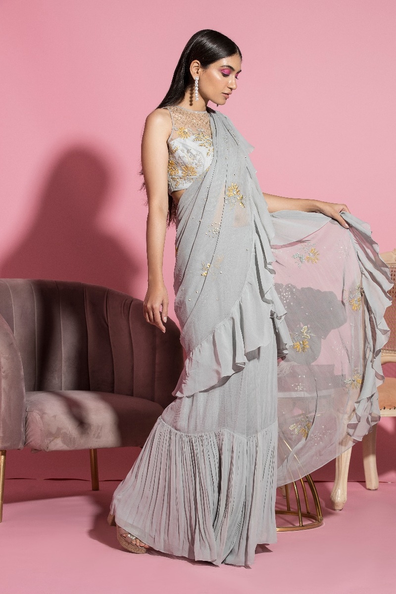 GREY EMBROIDERED RUFFLE SAREE AND BLOUSE
