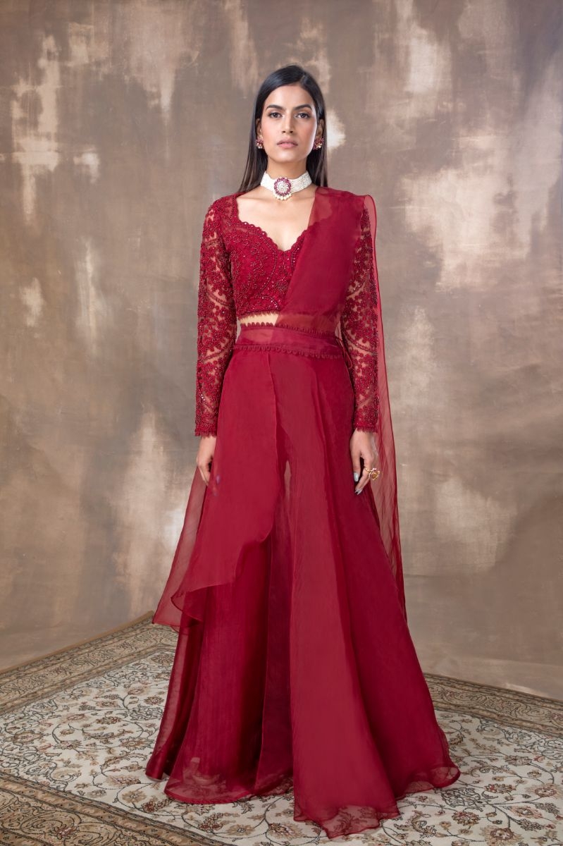 CRIMSON RED EMBROIDERED SHARARA SET
