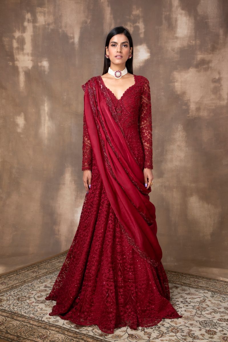 CRIMSON RED EMBROIDERED ANARKALI SET