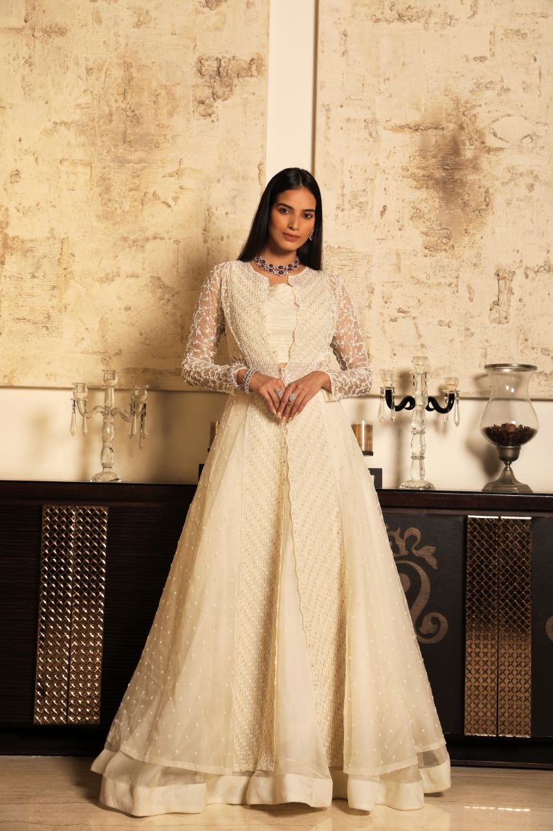 IVORY PEARL EMBROIDERED JACKET LEHENGA SET