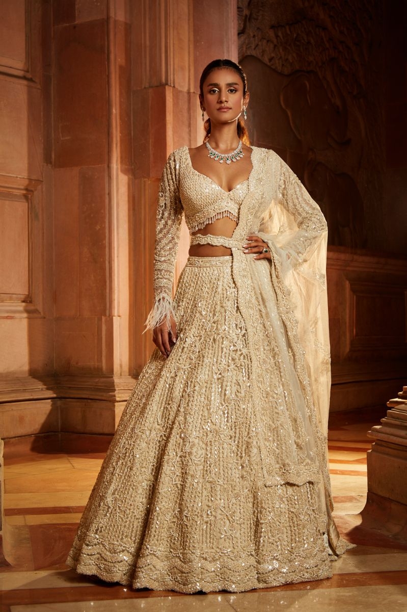 IVORY TULLE LEHENGA SET WITH OPTIONAL VEIL