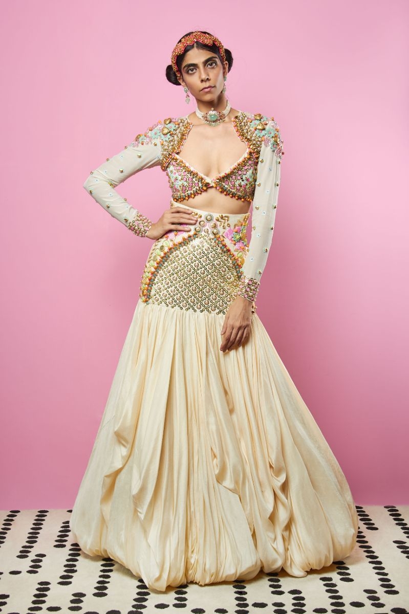 Ivory Embroidered Draped Lehenga Set