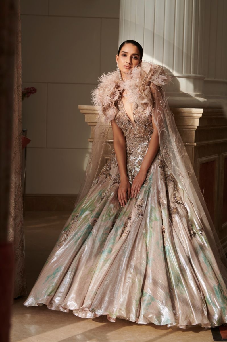 IVORY HANDWOVEN BRIDAL GOWN WITH CAPE