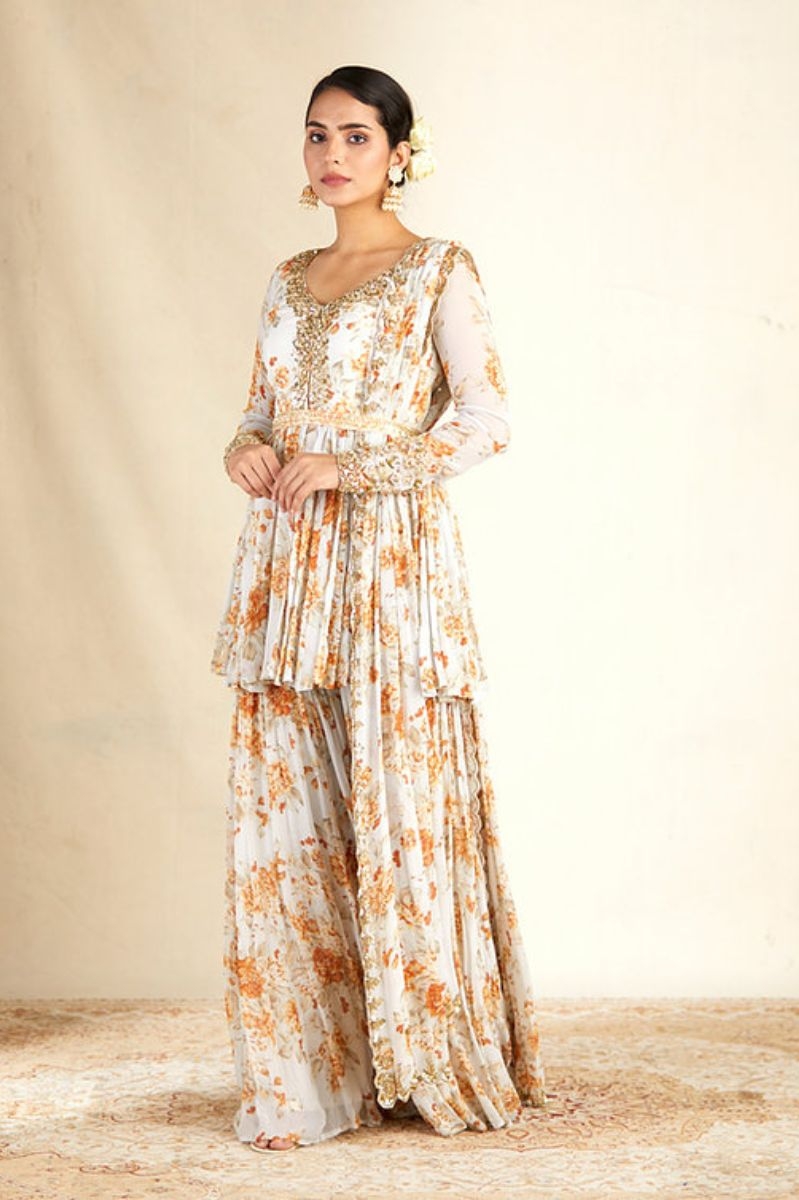IVORY PRINTED PEPLUM WITH SHARARA SET