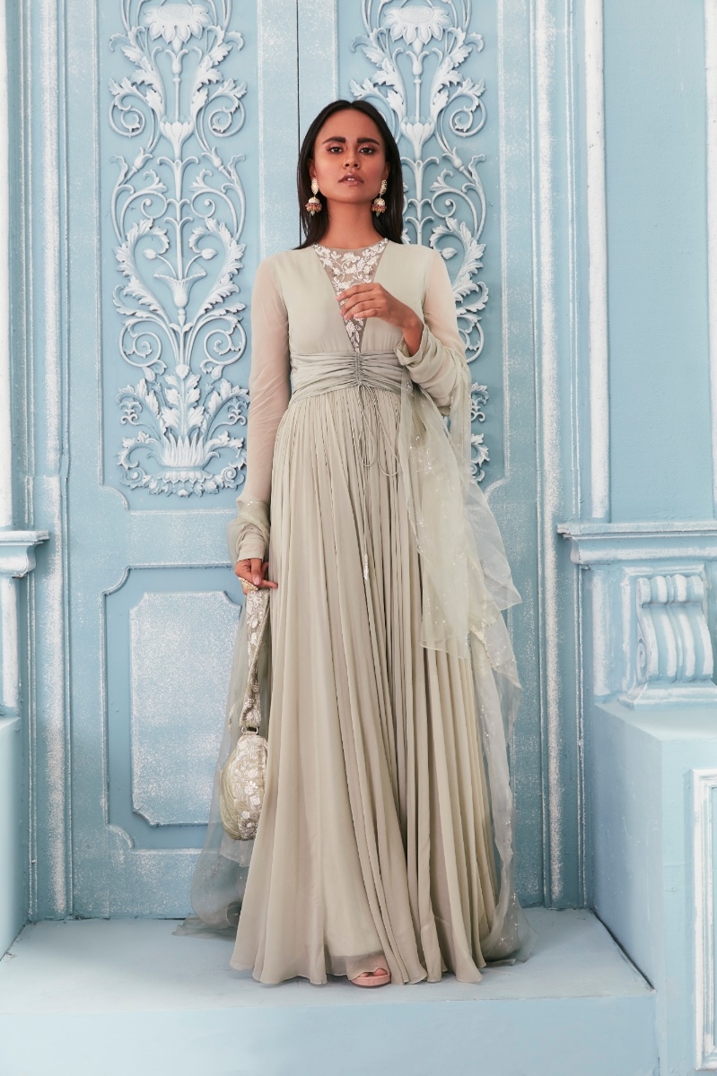 JADE GREEN ANARKALI WITH PRINTED DUPATTA