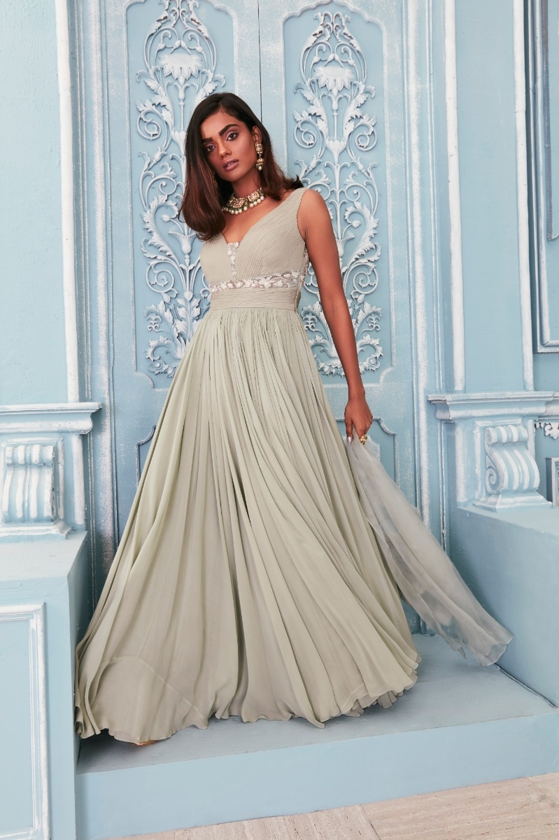 JADE GREEN PINTUCKED ANARKALI WITH BELT & DUPATTA