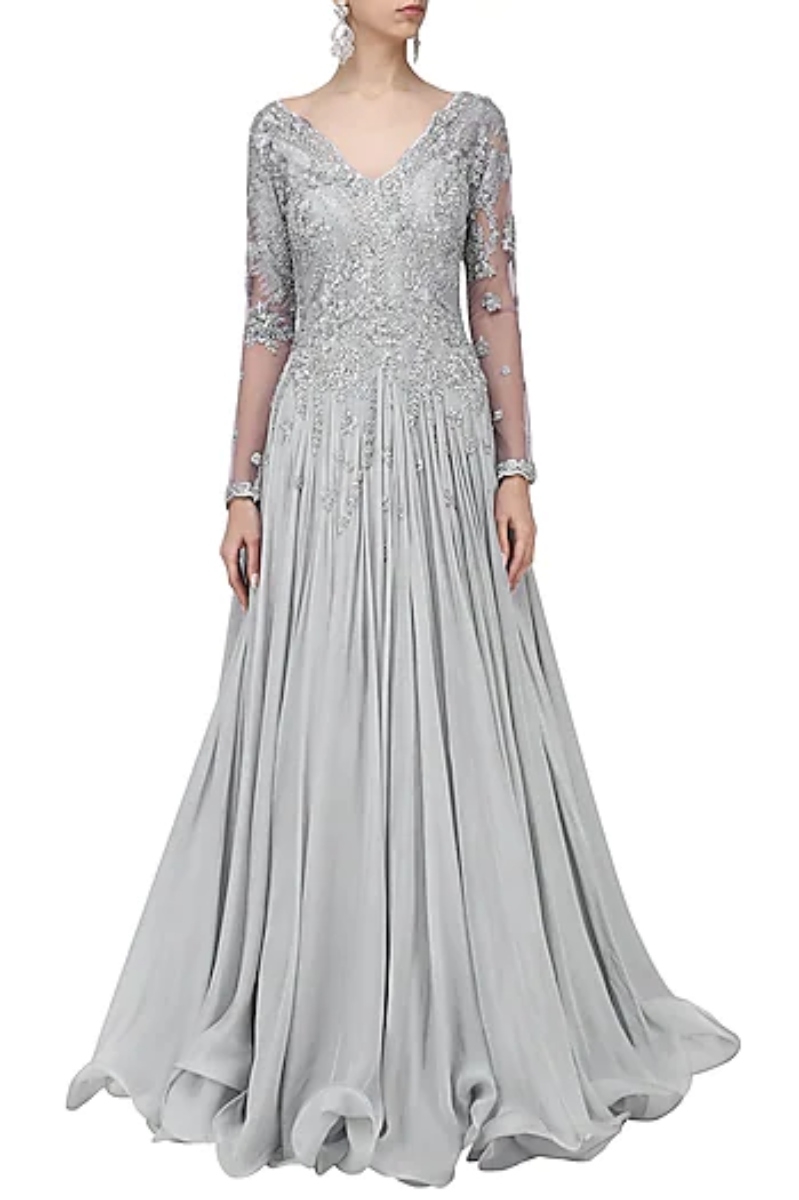 GREY EMBROIDERED FLARED GOWN