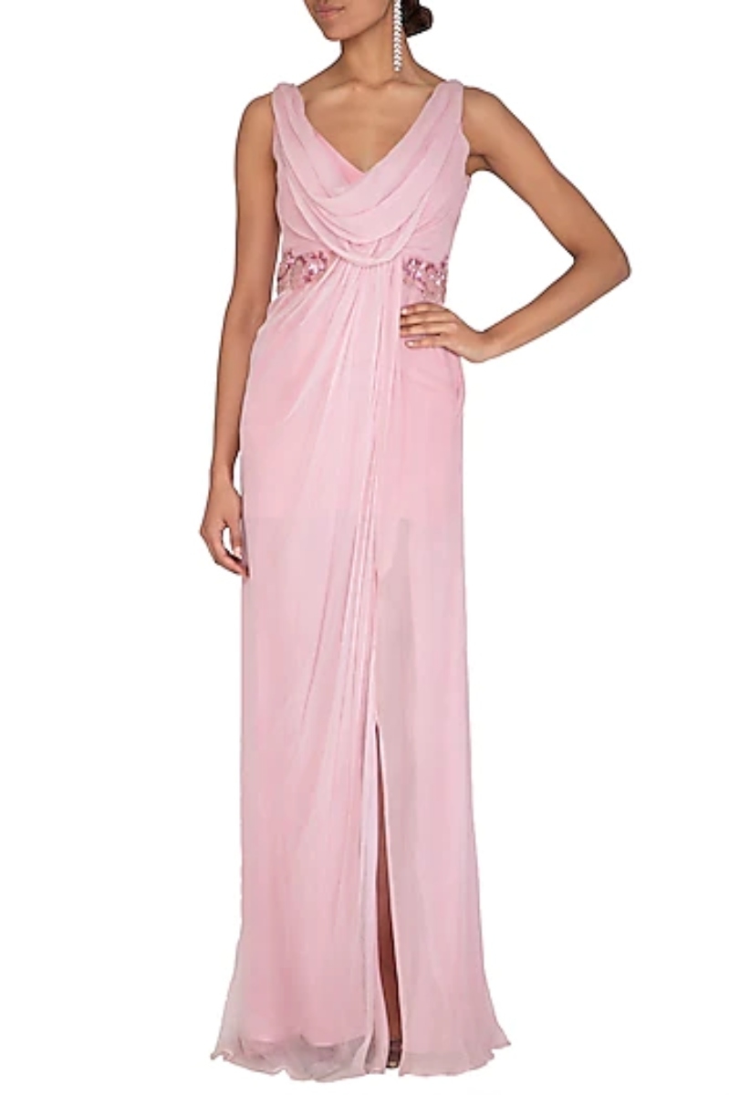 PINK EMBROIDERED COWL NECK GOWN